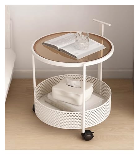 Genérico Carrito utilitario con Ruedas, Mesa Auxiliar de café de 2 Niveles con asa y Canasta de Almacenamiento, estantes de Almacenamiento de Vidrio Redondos for Sala de Estar(Milk)