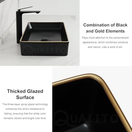 Image of QUALITO Black Golden Table Top Wash Basin for Bathroom, Living Room, Hall, Dinning Room | Big Size Ceramic Vessel Sink /Basin | Matt Finish Black Vanity Basin (24x14x5 Inch)