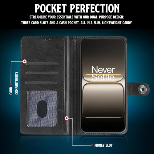Image of WOW IMAGINE Shock Proof Flip Cover Back Case for 1+ OnePlus Nord CE 5 5G (Magnetic Button Flip Case | Wallet Pockets & Stand | Leather Finish | Haze Black)