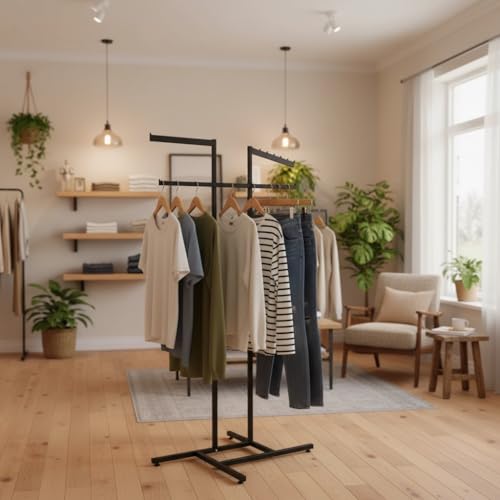 Gdrasuya10 Clothing Display Rack, Black 4 Way Adjustable Clothing Rack with Slanted Arms, 47\" to 70\" Tall Retail Free-standing Clothes Racks, Heavy Duty Stainless Steel Stand for Boutique