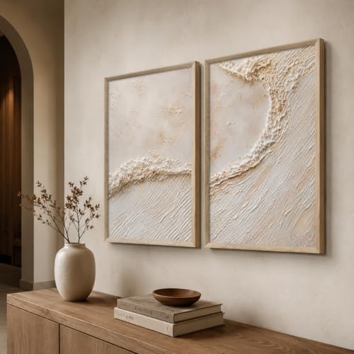 Image of Livin'luxe Set of 2 Beige Abstract Texture Wall Photo with Frame for Living Room Bedroom Hall Office Decor, Premium Wooden Synthetic Frame Luxury Artwork Gift