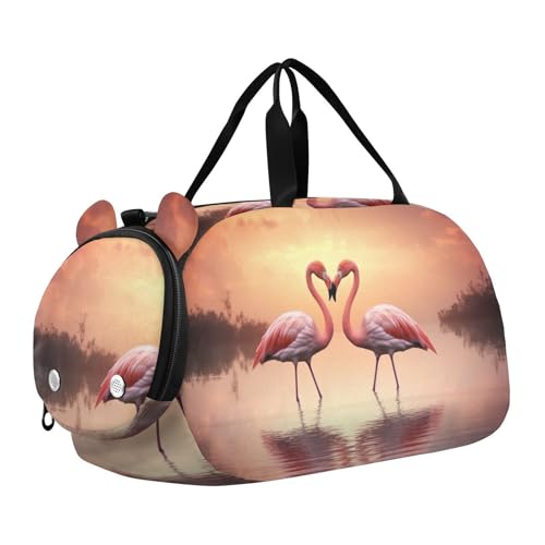 Flamingos Pattern Duffle Bag for Girl, Sports Duffle Gym Bags with Shoe Compartment, Personalized Overnight Bag Travel Weekender for Kids