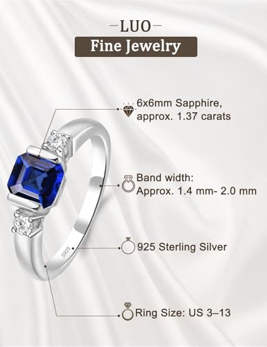 LUO 925 Sterling Silver Asscher Cut Gemstone Ring For Women, 6X6 MM Half Bezel 3 Stones Promise Engagement Ring3