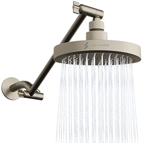 SparkPod Round Rain Shower Head with Extension Arm - Height Adjustable Shower Head with High Pressure Performance - Easy 1-Minute Installation (6" Round, Elegant Brushed Nickel)