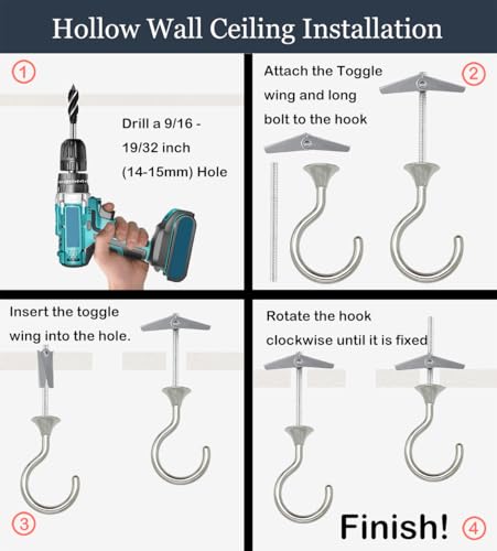 Image of Heavy Duty Ceiling Hooks for Hanging Plants 8 Pack (Silver) | Polished chrome look; holds 30 lbs on wood & concrete, 20 lbs on drywall; 2.4 inch swag hook for lights, pots & tools