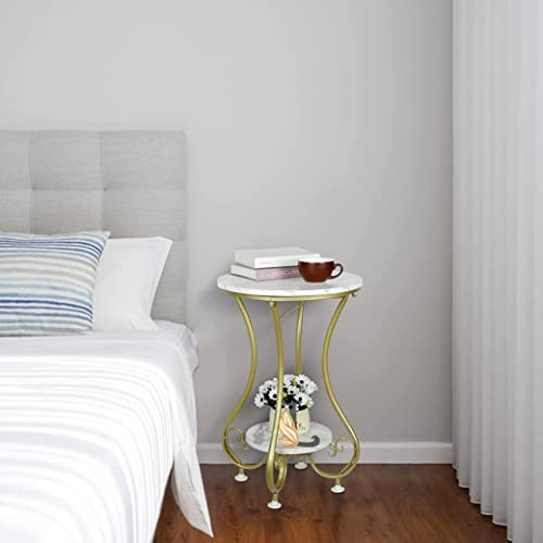 Image of Side End Table Frame Sofa Corner Table for Living Room Coffee Table Striped Top and Metal Frame Sofa Table End Table, Bedroom Simple (Gold White)