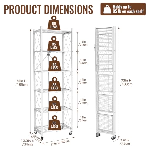 Image of black leopard 6-Tier Foldable Metal Storage Shelf with Wheels, White