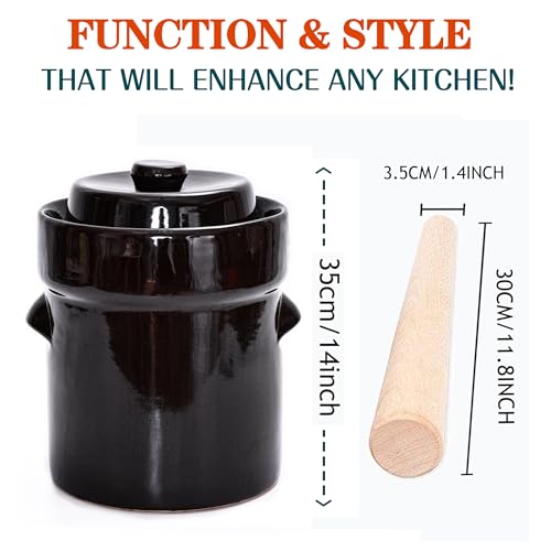 Fermentation Crock Jar 5 Liter / 1.3 Gallon - Stoneware Pot for Fermenting, Pickling Kimchi, Pickles, Vegetables, Kombucha - Glazed Fermenter with Stone Weights, Lid & Pickle Tamper - Thumbnail 3