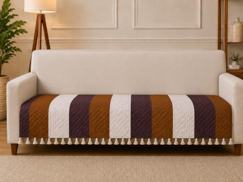Image of Velvet Quilted Sofa Cover for 2 Seater (48 x 24 Inches) | Stripes | Anti-Slip Soft Washable Sofa Seat Cover | Furniture Protector with Tassels