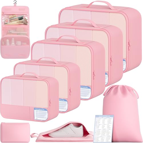 Image of BAGAIL 9 Set Packing Cubes with Packing List Luggage Packing Organizers for Travel Accessories (Pink)