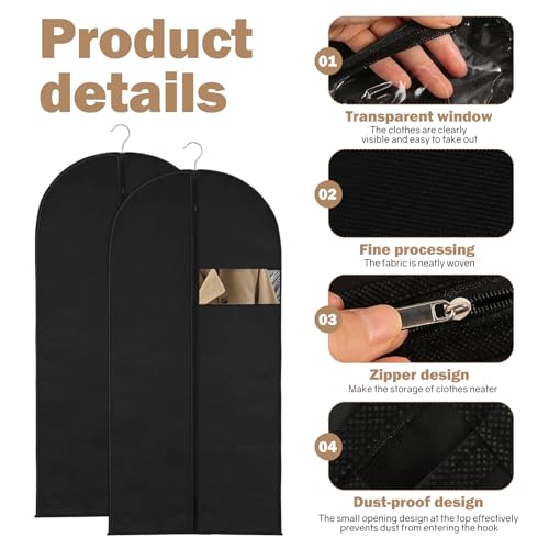 5 Stück Kleidersack 120 x 60 cm, Atmungsaktive Anzugtasche Kleidersäcke mit Reißverschluss Faltbare Kleiderhülle Verdickte Staubschutzhülle für Anzüge Mäntel Abendkleider(Schwarz)