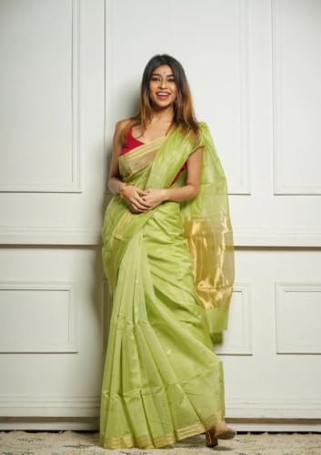 Image of Flosive inchWomen's Premium Pure Cotton Silk Saree with Golden Zari Border and Butti Work | Traditional Handloom Style Saree for Festive & Office Wear