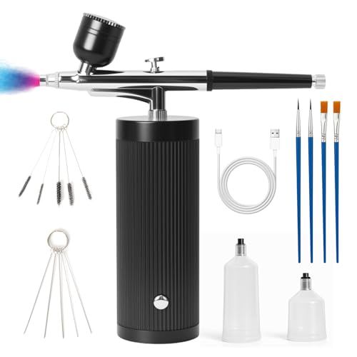 Airbrush-Kit mit Kompressor, Wiederaufladbar Tragbares Airbrush Set, mit Düse und Reinigungsbürsten Set, für Nail Art, Makeup, Friseur, Tortendekoration, Modellbemalung, Schwarz