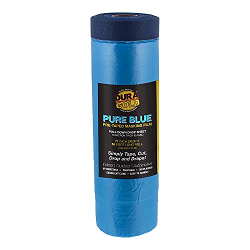 Dura-Gold 71" x 65' Pure Blue Pre-Taped Masking Film - Painters Plastic Roll (0.4 Mil) Pull Down Drop Sheet, Pre-Taped Plastic Sheeting for Painting Protection on Auto, Walls, Furniture