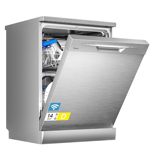 Midea Geschirrspüler 60cm Freistehend, SF 3.60N PRO Spülmaschine mit WLAN, 14 Maßgedecke, Geschirrspüler Unterbaufähig, 5 Programme, Höhenverstellbarer Oberkorb, 47 dB, Inox