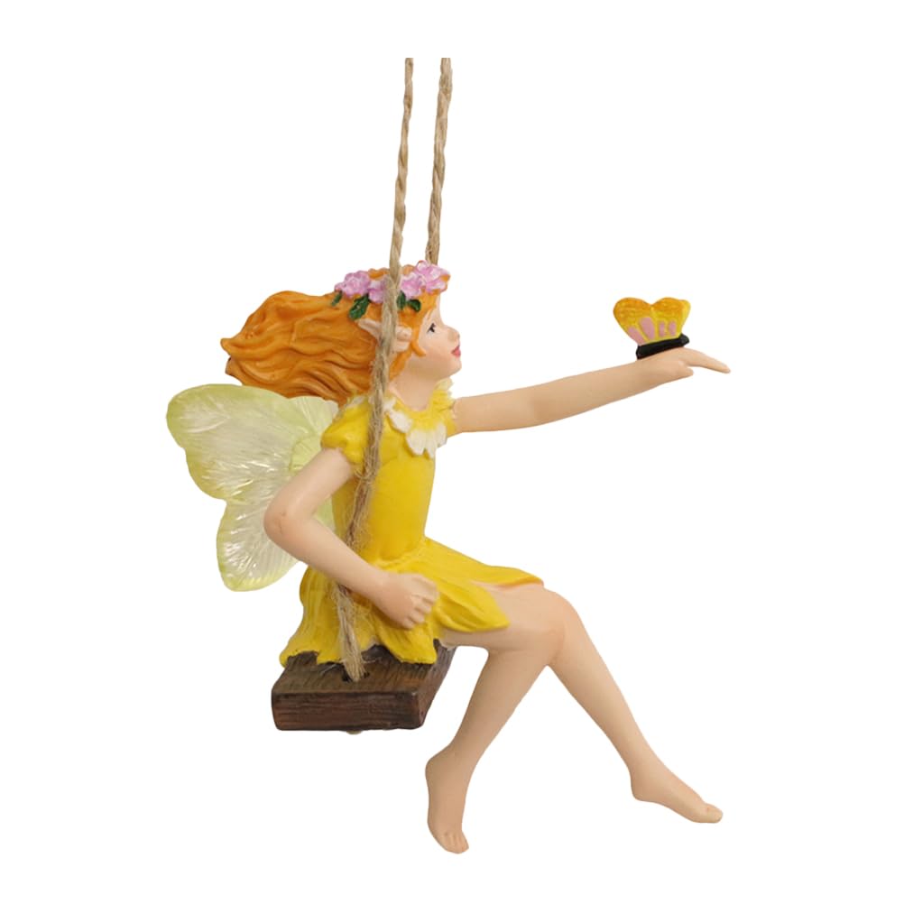KICHOUSE Resin Flower Fairy Swing Figurine with Fine Workmanship, Delicate Garden Decoration Hanging Ornament for Indoor and Patio Use, Beautiful Appearance and Cute Design