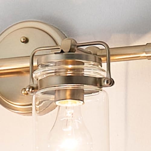 Image of Kichler Brinley 2-Light Bathroom Vanity Light Fixture 15.75 in Industrial Farmhouse with Clear Glass in Champagne Bronze for Mirror Over Sink (15.75 x 10.25 x 6.75 in), 45688CPZ