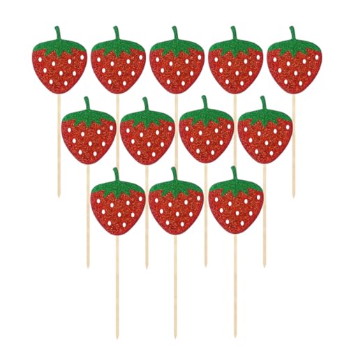 UKCOCO Paquete de 12 Diseño de Fresa, Insertos para Decoración de Pasteles y Cupcakes, Accesorios Ecológicos para Fiestas y Adornos de Frutas para Repostería