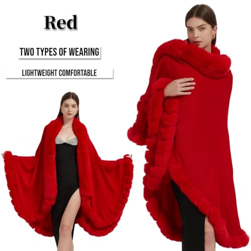 Faux Fox Fur Trim Cardigan Cloak Shawl Wraps Winter Poncho Oversized Cape2