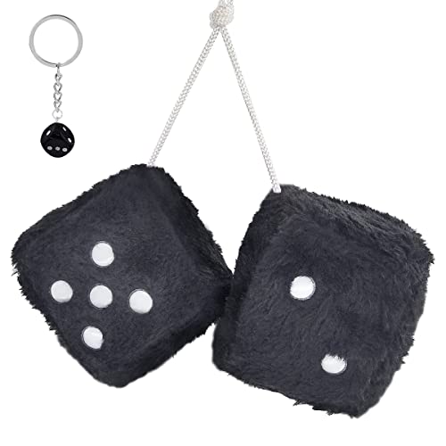 Coche Que cuelga los Dados Peludos,Dados de Peluche, Par de Retro Cuadrado Espejo Colgante Dados, par Fuzzy Dados con Puntos de Felpa para Coche Interior Adorno Decoración (Negro) Cover