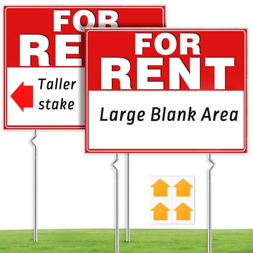 Cyrico For Rent Sign with Metal Stakes 17 x 13 Inch Double-Sided Corrugated Plastic For Rent Yard Signs with Arrow Stickers for Real Estate Outdoor House Business Apartment Car Rental 2 Pack