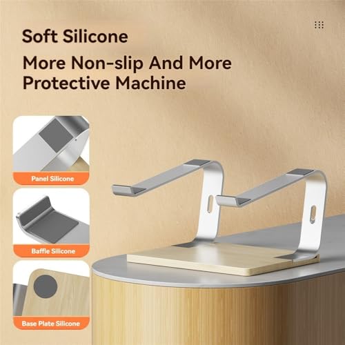 Supporto ergonomico per laptop con rialzo in alluminio e base in legno per uso da scrivania