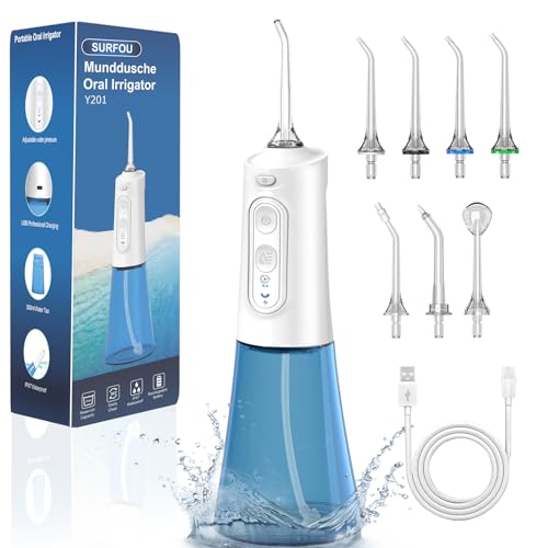 SURFOU Munddusche Kabellos Water Flosser for Teeth, Elektrische Zahnzwischenraumreiniger Oral Irrigator Zahndusche Wasser Zahnreiniger, Elektrisch Zahnseide Wasserflosser für Zähne