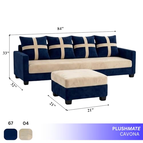 Image of Caviriq 5 Seater L Shape Sofa Set with Movable Ottoman | Flexible Layout | Luxury Velvet Suede Fabric | Modern Living Room Sofa | Dark Blue-Cream