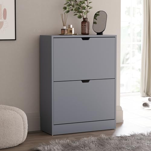 Vida Designs Shoe Cabinet Wooden Shoe Storage Unit with 2 Flip Drawers Multifunctional Dust-Proof Space-Saving Slim Cupboard for Hallway or Entryway 100% FSC Certified (Grey)