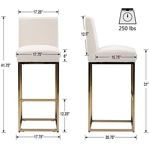 Vescasa Linen 31 Inches Bar Height Bar Stools With Padded Back, Modern Upholstered Bar Stool Chairs With Gold Metal Frame For Kitchen Island, Pub, Set Of 2, Cream #TOP1