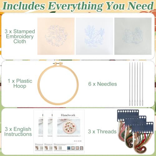 Image of Mindsoft 3 Set Needlepoint Kit for Beginners with Hoop,Garden Mouse | Bamboo Hoop Thread Needles Instructions, Easy Hand Embroidery for Beginners Home Crafts,Pre-stamped Funny Cute Designs
