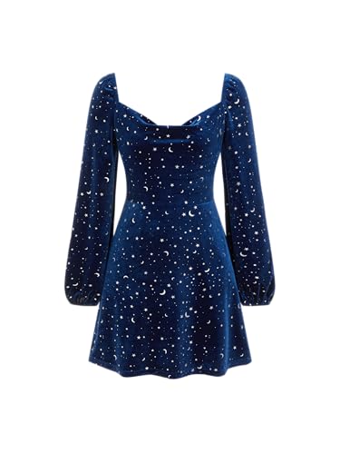 CIDER Womens Star Moon Print Long Sleeve Party Dress Elegant Mini Dress Blue