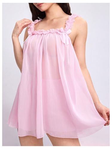 Image of MakeMeChic Women's 2 Piece Lingerie Mesh Cute Valentine Pajama Set Ruffle Bow See Through Vintage Nightgown Sleepwear