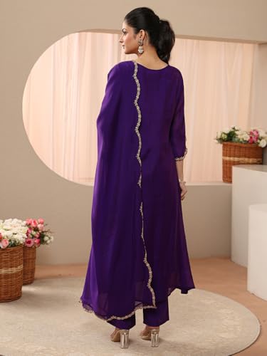 Image of Libas Embellished Silk Blend A Line Kurta With Trouser and Dupatta | ethnic wear | bridal suit | wedding dress | occasion wear