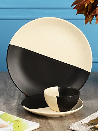Image of Miah Decor Ceramic Handcrafted Dinner Set (Service for 1)-Pack of 3 [1 Dinner Plate,1 Quarter Plate, 1 Dinner Bowl] inchThe Raat Din Collection inch Microwave & Dishwasher Safe