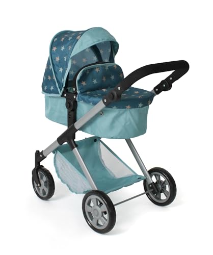 Bayer Chic 2000® 2in1 Puppenwagen Mila – Sternchen türkis – höhenverstellbarer Griff 39-72 cm – modernes Gestell – Puppen bis 50 cm – 3-7 J.