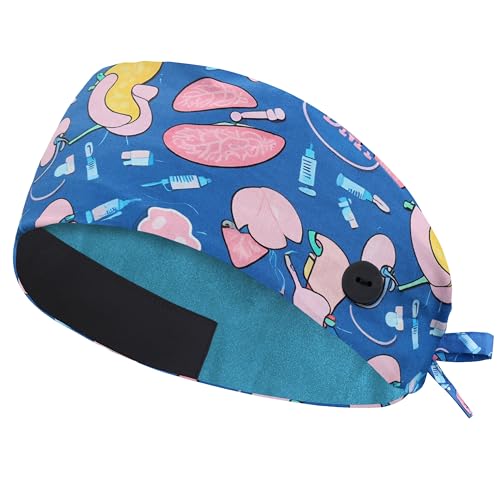 Image of Adjustable Scrub Cap with Button, Satin-Lined Cotton Scrub Hat Sweatband, Elastic Working Hat Unisex, One Size