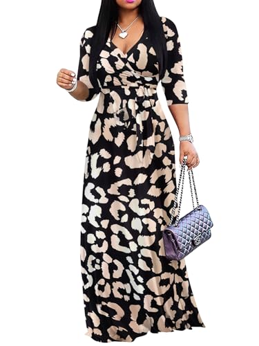 Image of Yajedo Womens Casual Summer Maxi Dress Plus Size Sexy Wrap V Neck 3 /4 Sleeve Sundress with Pockets