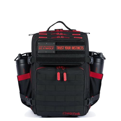 Image of WOLFpak 25L Athletic Gym Backpack (Red Wolf) Durable 1000D Waterproof Oxford Material with MOLLE Webbing, Laptop Pocket & Dual Cup Holders, Durable Fitness /Travel /Military Daypack