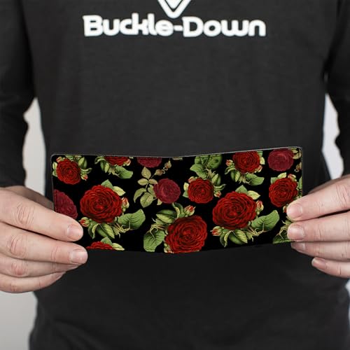 Buckle-Down Men's Wallet, Bifold, Red Rose Blooms Buds Black, Vegan Leather, 4.0" x 3.5"4