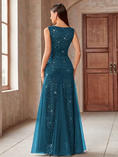 Image of Miusol Women's Elegant V Neck Sleeveless Sequin Lace Evening Party Dress