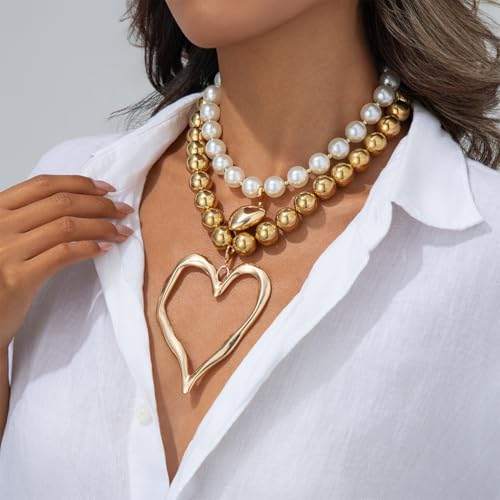 Layered Y2k Large Chunky Gold Heart Beaded Choker Necklace for Women Trendy, Statement Oversized Silver Hollow Love Heart Drop Necklaces Jewelry Gift3