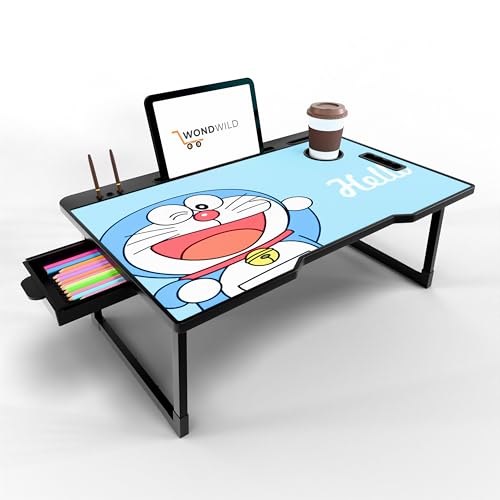 Image of WONDWILD Smart Multipurpose Foldable Laptop Table with Cup Holder, Study Table, Bed Table, Breakfast Table, Foldable and Portable /Ergonomic & Rounded Edges /Non-Slip Legs (ABS DRM)