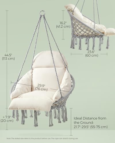 Image of SONGMICS Hanging Chair Thick Cushion Hammock Chair Accessories Included | Hammock Chair with Large, Thick Cushion, Boho Swing Chair for Bedroom, Patio, Balcony, Dove Gray and Cream White UGDC042M11