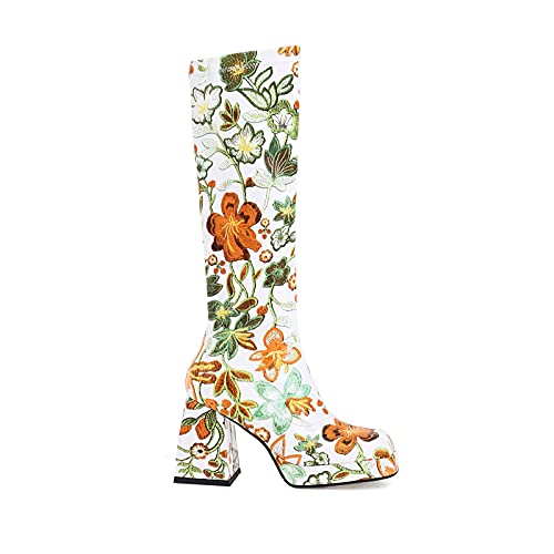 Women's Platform Knee High Boots Chunky High Heeled Boots Colorful Flower Square Toe Fashion Boots Party Dress Shoes2