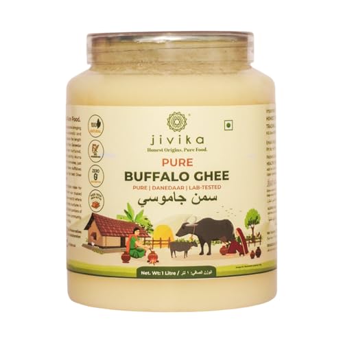JIVIKA NATURALS A2 Desi Buffalo Ghee 1 Litre | Bilona Ghee | Grass Fed Buffaloes | Murra Buffalo | Haryana Region | Pure & Natural | Nutritional Powerhouse | Lab Tested | Pet Jar