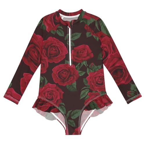 Girls One Piece Swimsuits Long Sleeve Swimsuit Zipper Bathing Suits Red Rose Black Roses