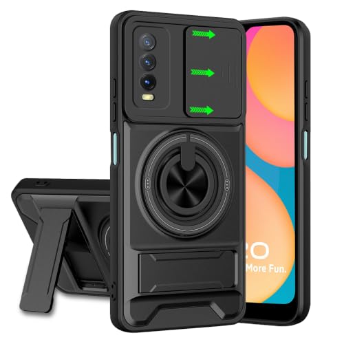 Image of Vivo Y12s / Y20 / Y20i Back Cover | Armor Camera Slider 360 Degree Rotating Finger Ring Holder Case with Bracket Stand Back Case Cover (Compatible with MagSafe Accessories) (Black)