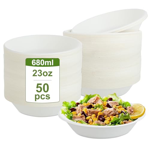 KITDAHOM 50 ciotole di carta usa e getta – 680ML Ciotole usa e getta (23oz) – Piatti Carta Usa e Getta – ciotole per zuppa per feste e picnic – senza plastica e biodegradabili