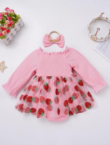 IDOPIP Baby Girls Strawberry Butterfly 1st Birthday Outfit Berry One Romper Smocked Ruffle Tutu Dress with Headband Clothes3